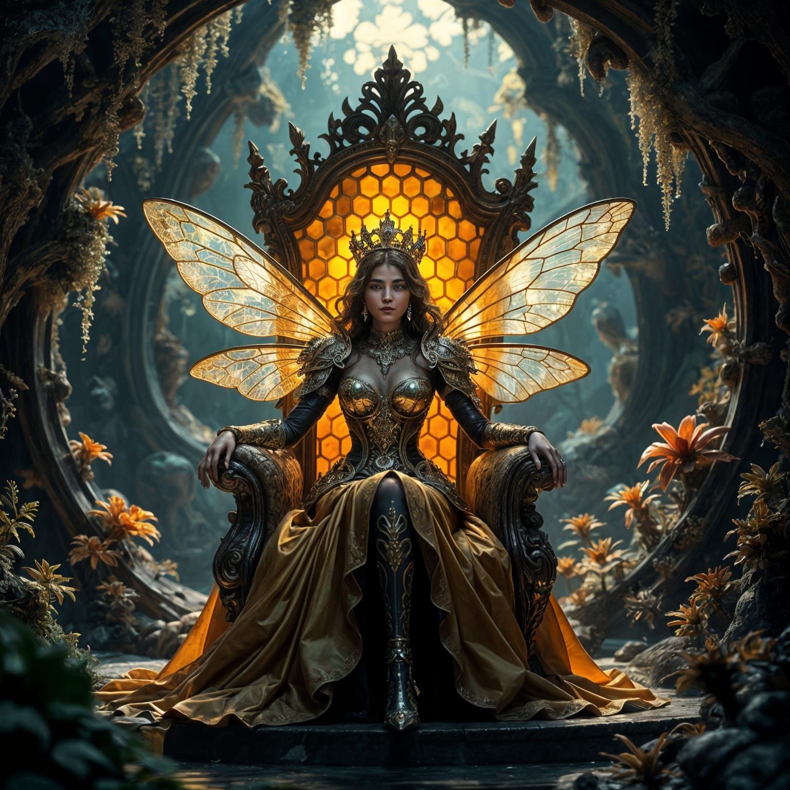 Queen Bee in Golden Armor on Honeycomb Throne