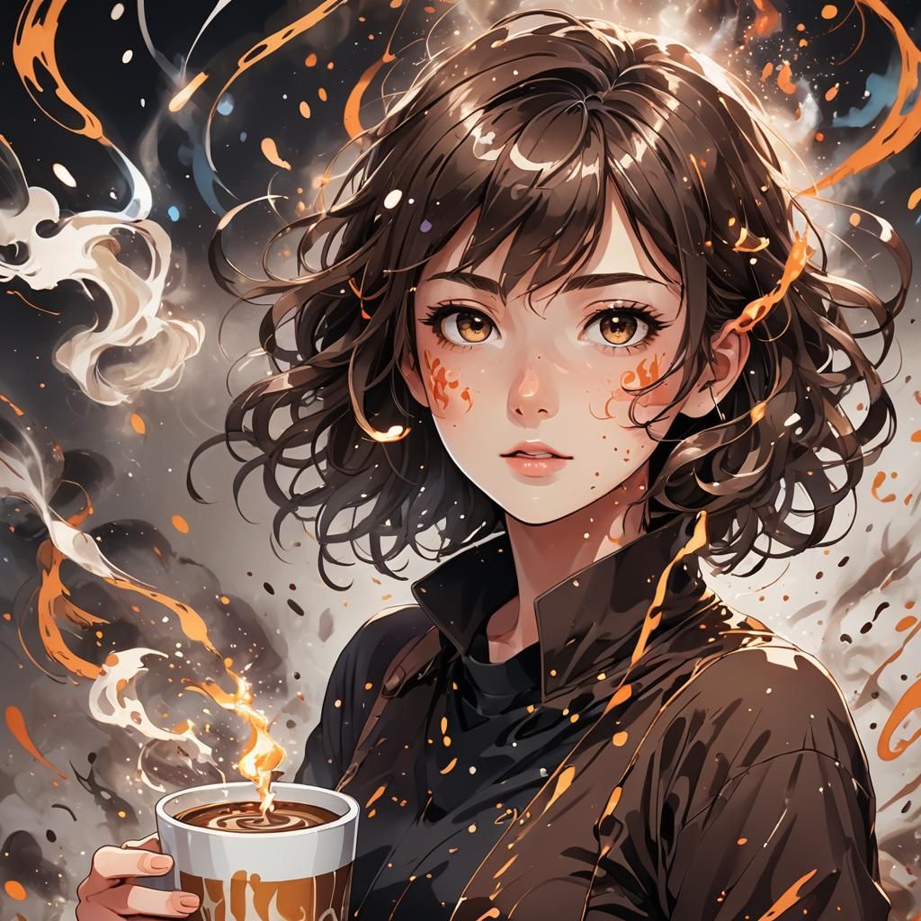 Anime Portrait of Woman with Candy and Coffee