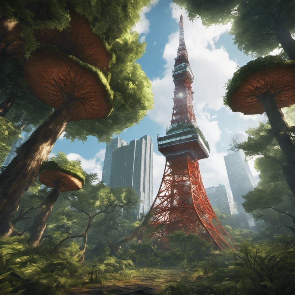Tokyo Tower in Rainforest Canopy: 3D Game Graphics