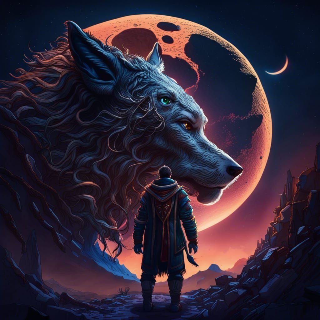 Werewolf Gazing at Full Moon: Detailed Matte Painting
