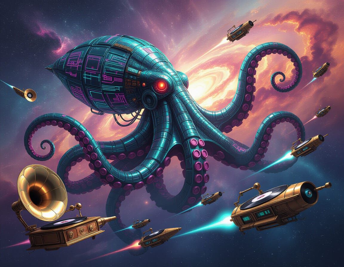 Clockwork Kraken Battles Starships in Nebula