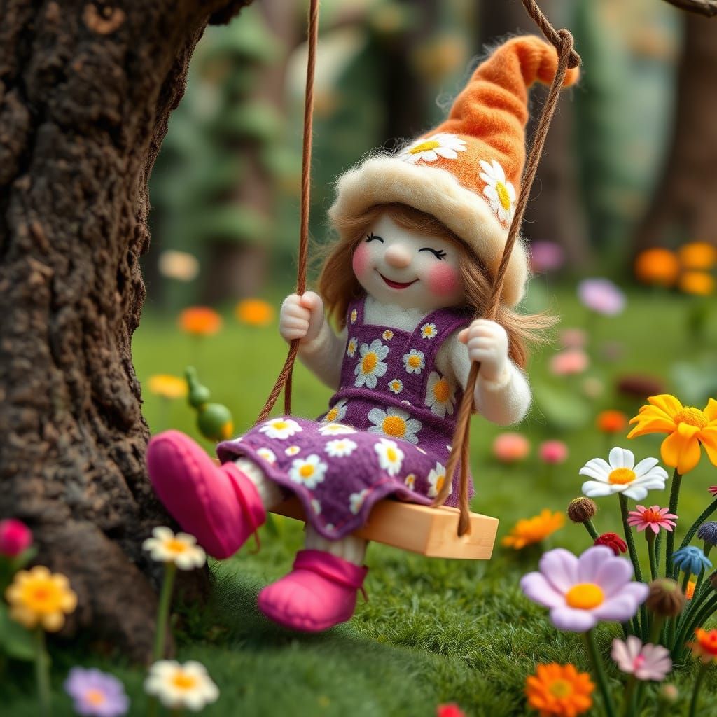 Felted Gnome Swings in a Colorful Forest