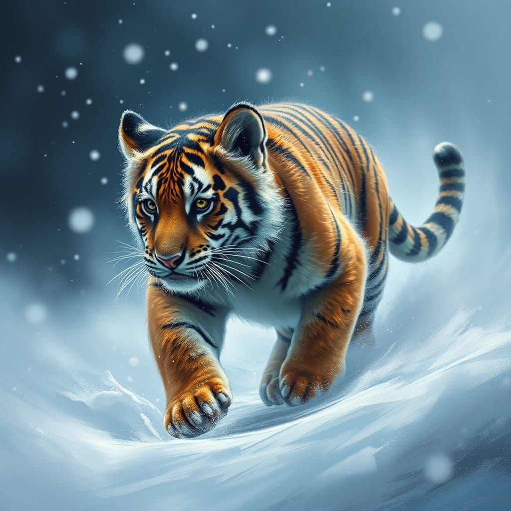 Magical Tiger Cub in Winter Snow Drift