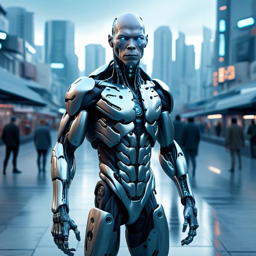 Hyperrealistic Alien Cyborg Human Hybrid in Sci-Fi City