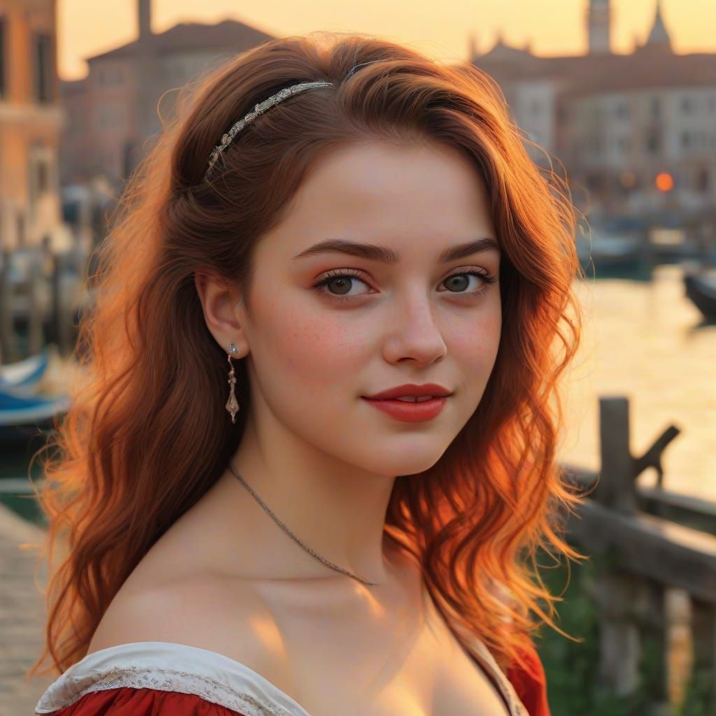Renaissance Pin-Up Girl Portrait in Venetian Landscape