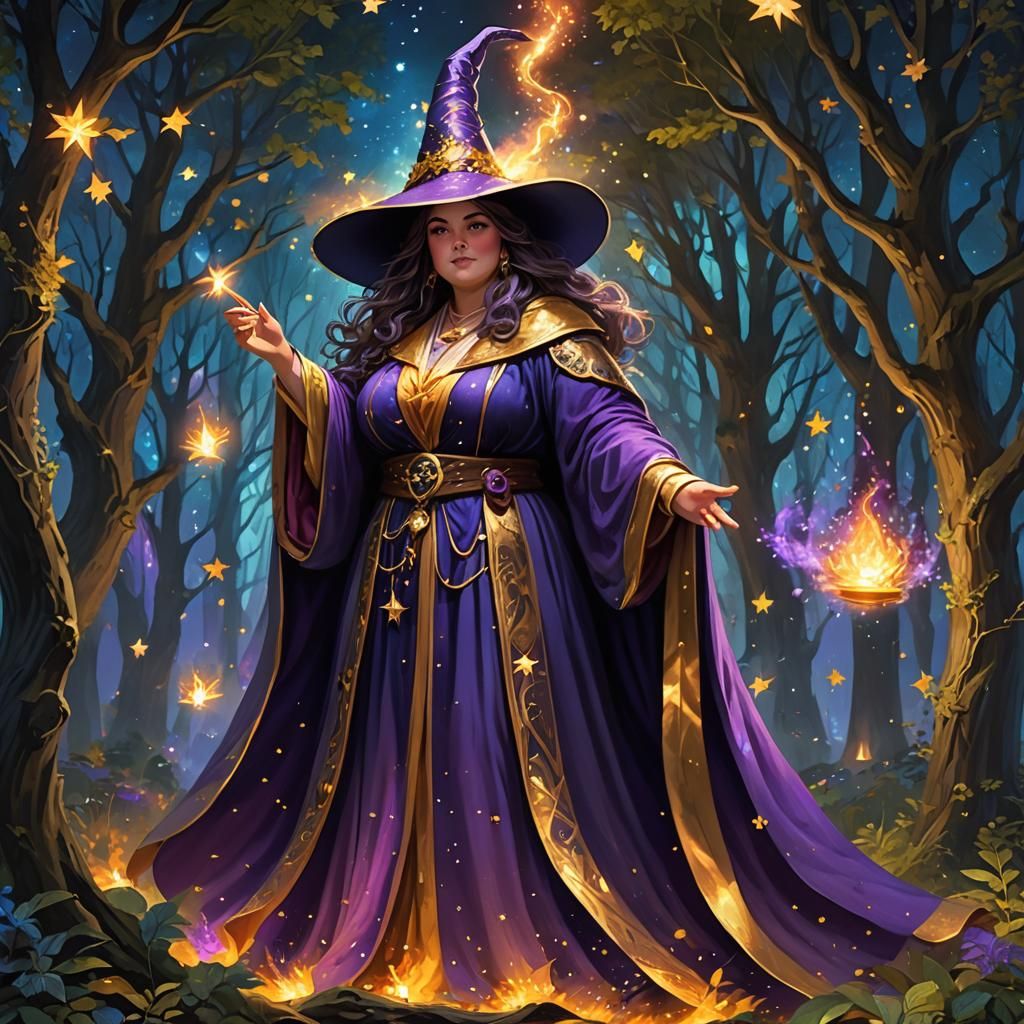Plump Wizard Woman in Magical Forest at Night