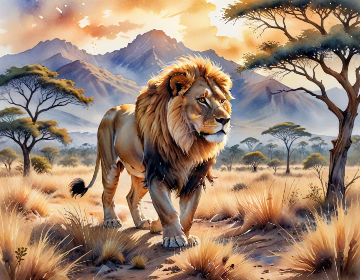 Majestic Lion with Glowing Mane Watercolor Painting