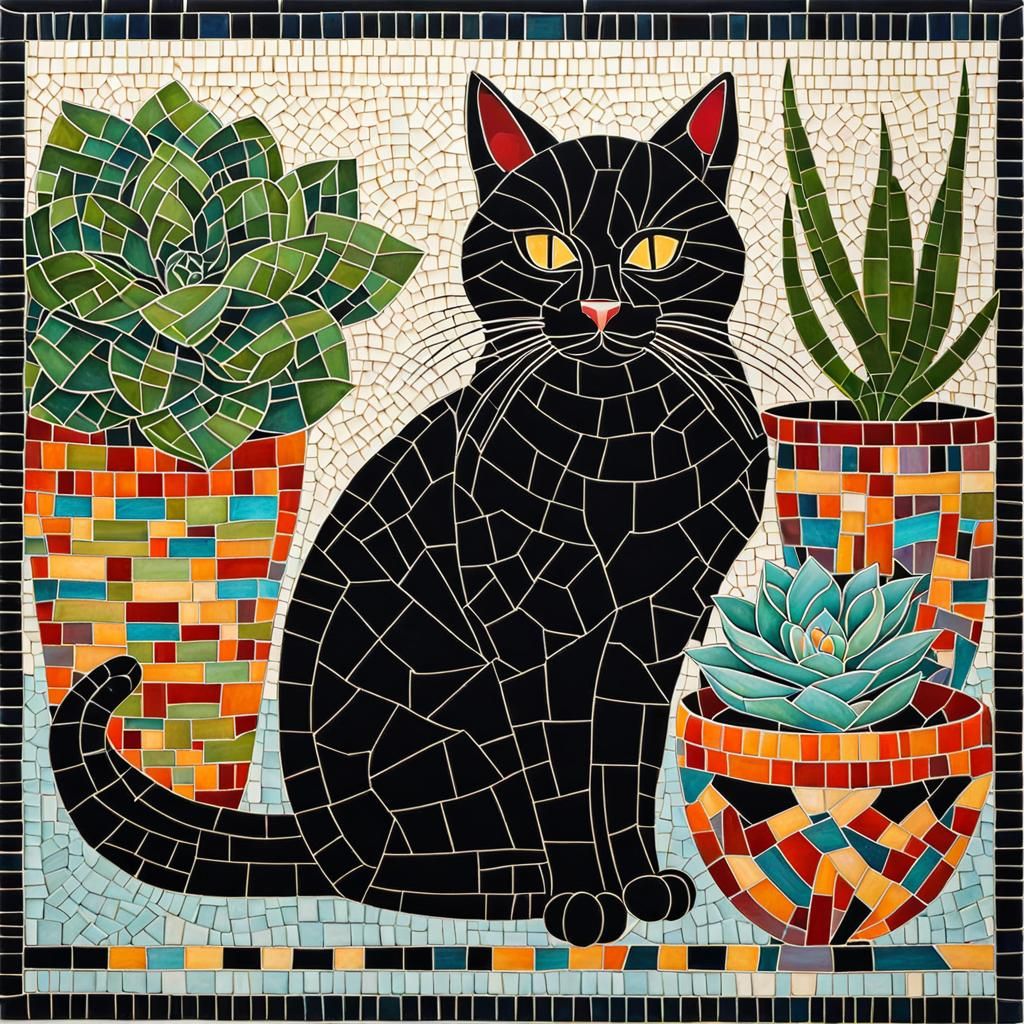 Colorful Mosaic of Black Cat with Succulent