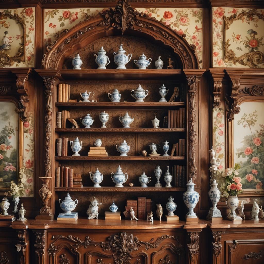 Victorian Shelves with Porcelain Figurines, Oil Painting Sty...