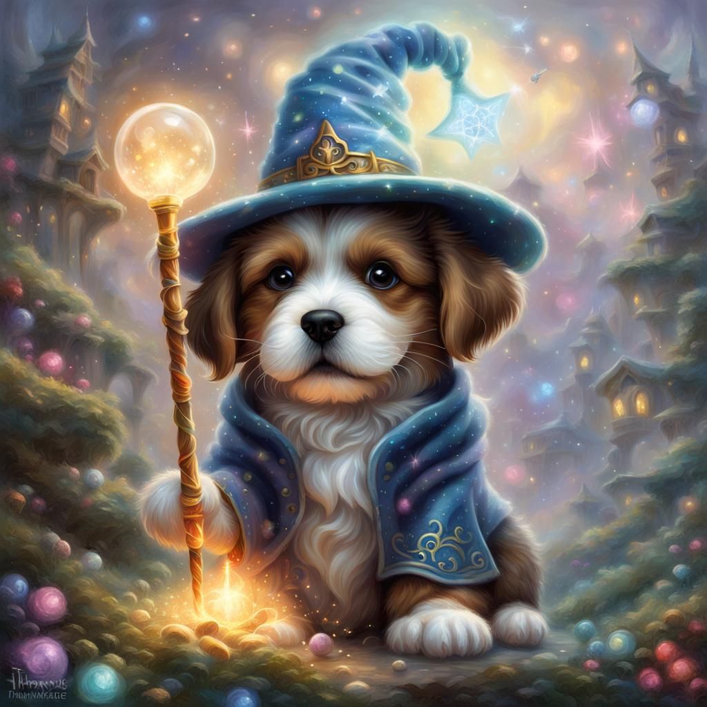 puppy with a wand and a wizard hat