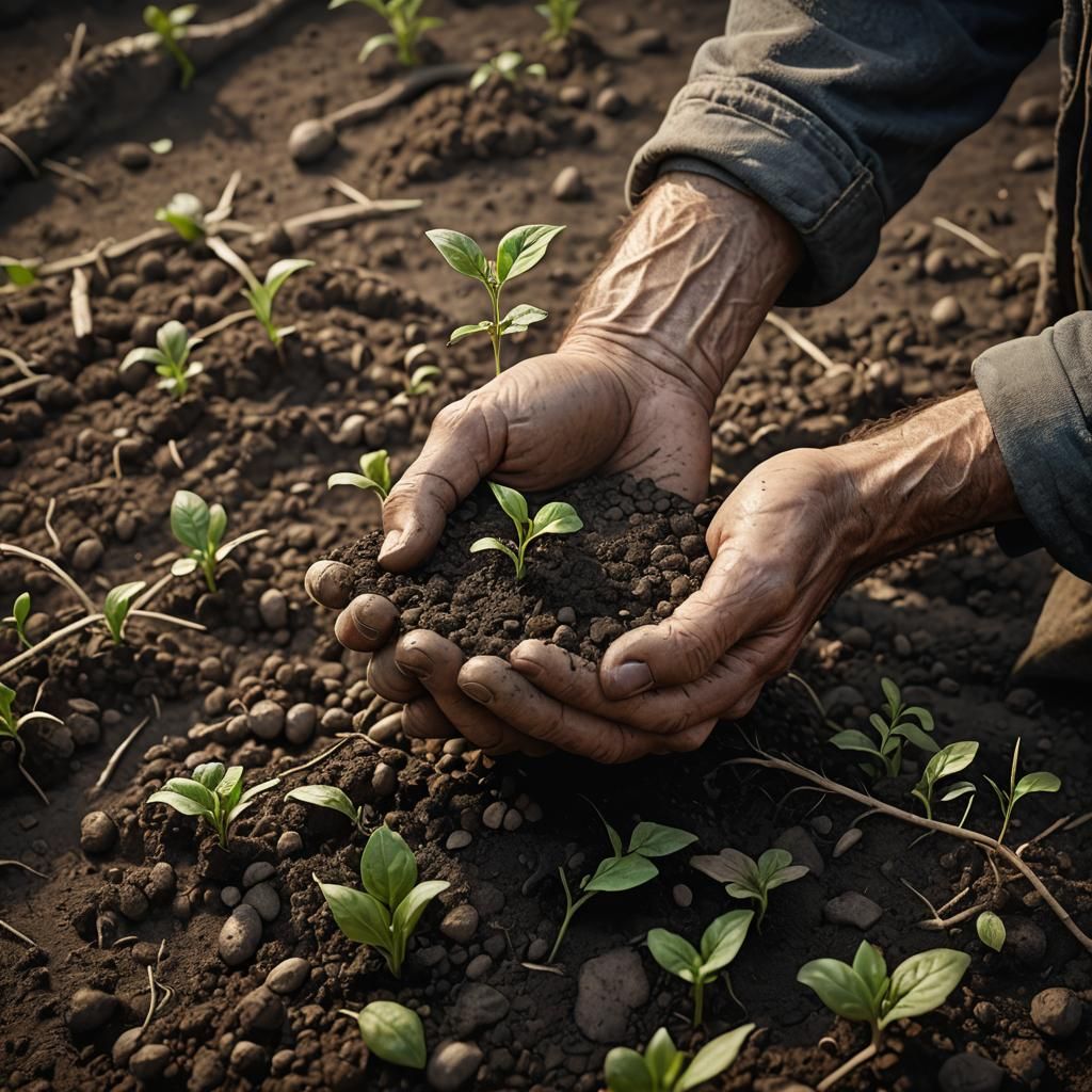 Farmer's Hand Holding Seedling in Dramatic Lighting
