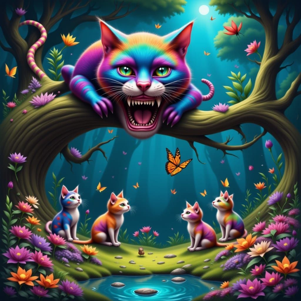Cheshire Cat Watches Kittens in Surreal Flower Meadow