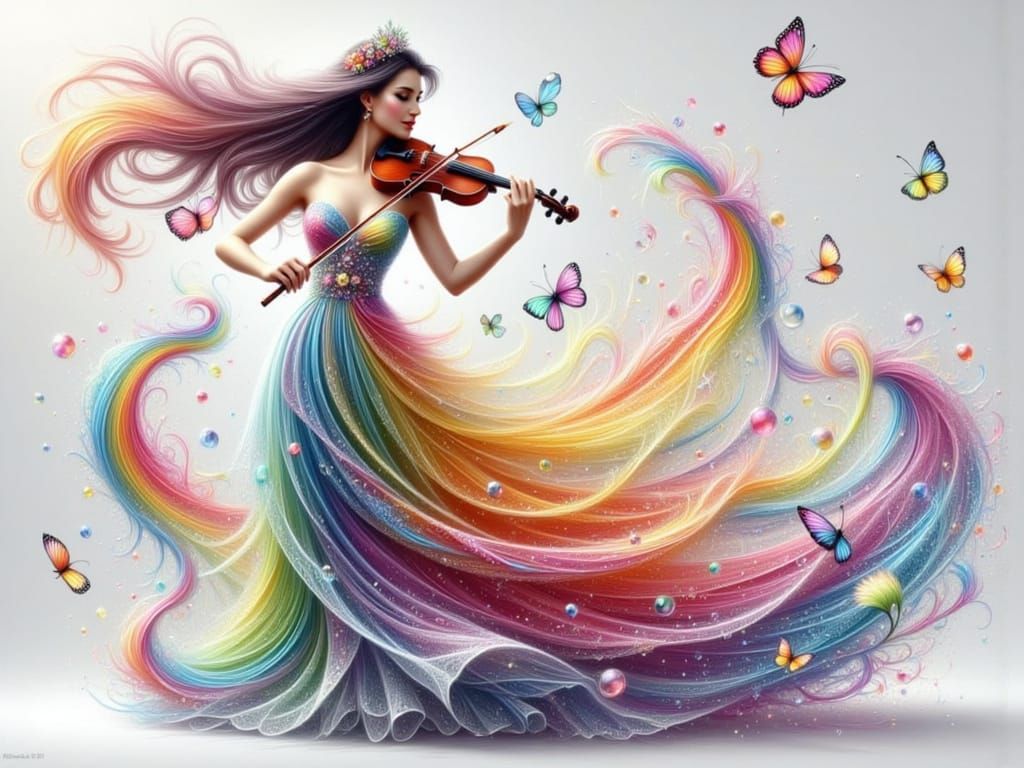 Ethereal Glass Siren Plays Violin in Vibrant Rainbow Hues