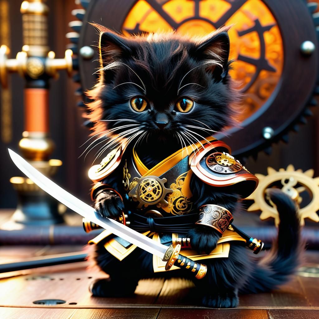 Steampunk Samurai Kitten with Katana in Dojo
