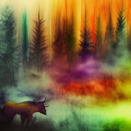 Pastel Watercolor Animals in Foggy Twilight Forest