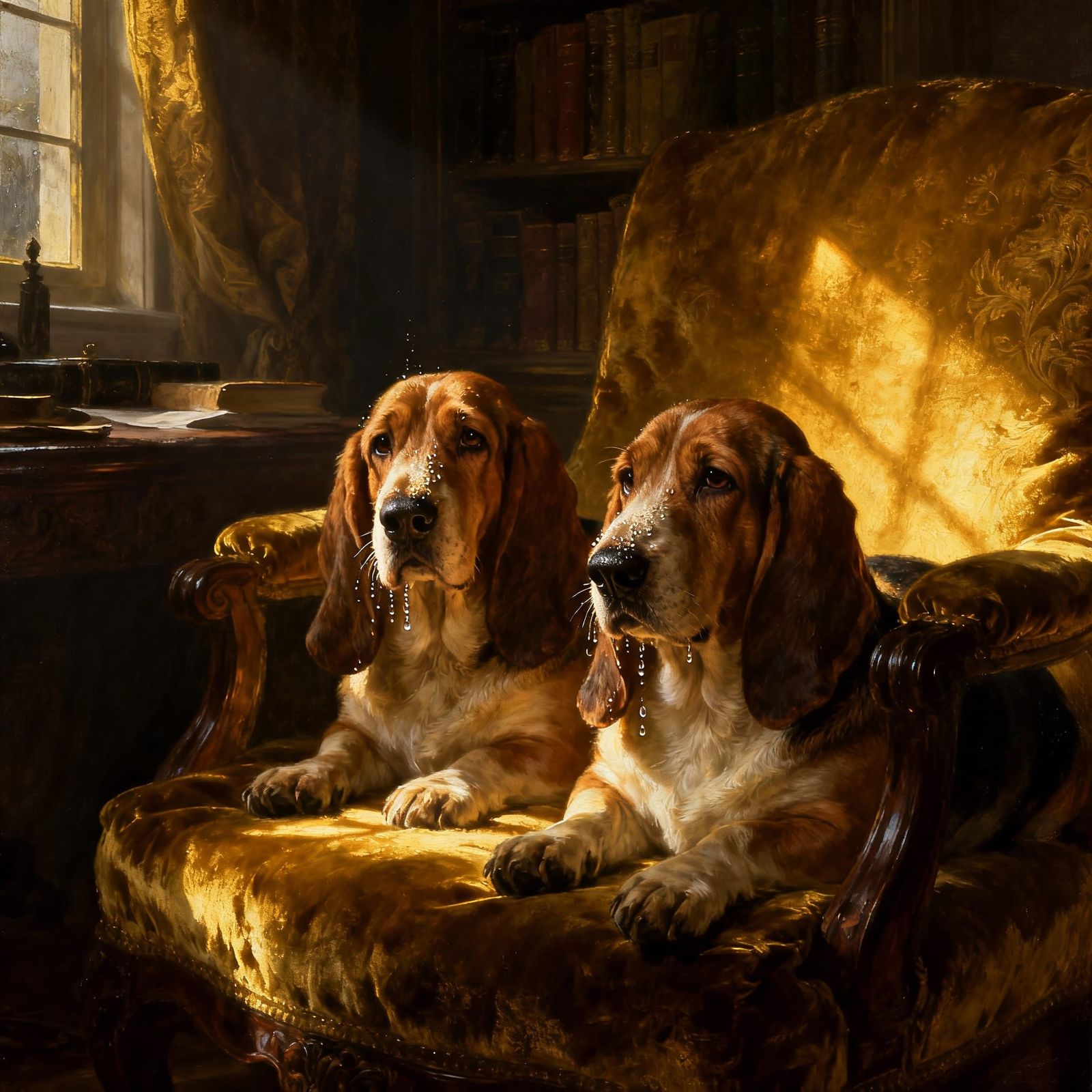 Basset Hounds on Velvet Armchair in Golden Age Style