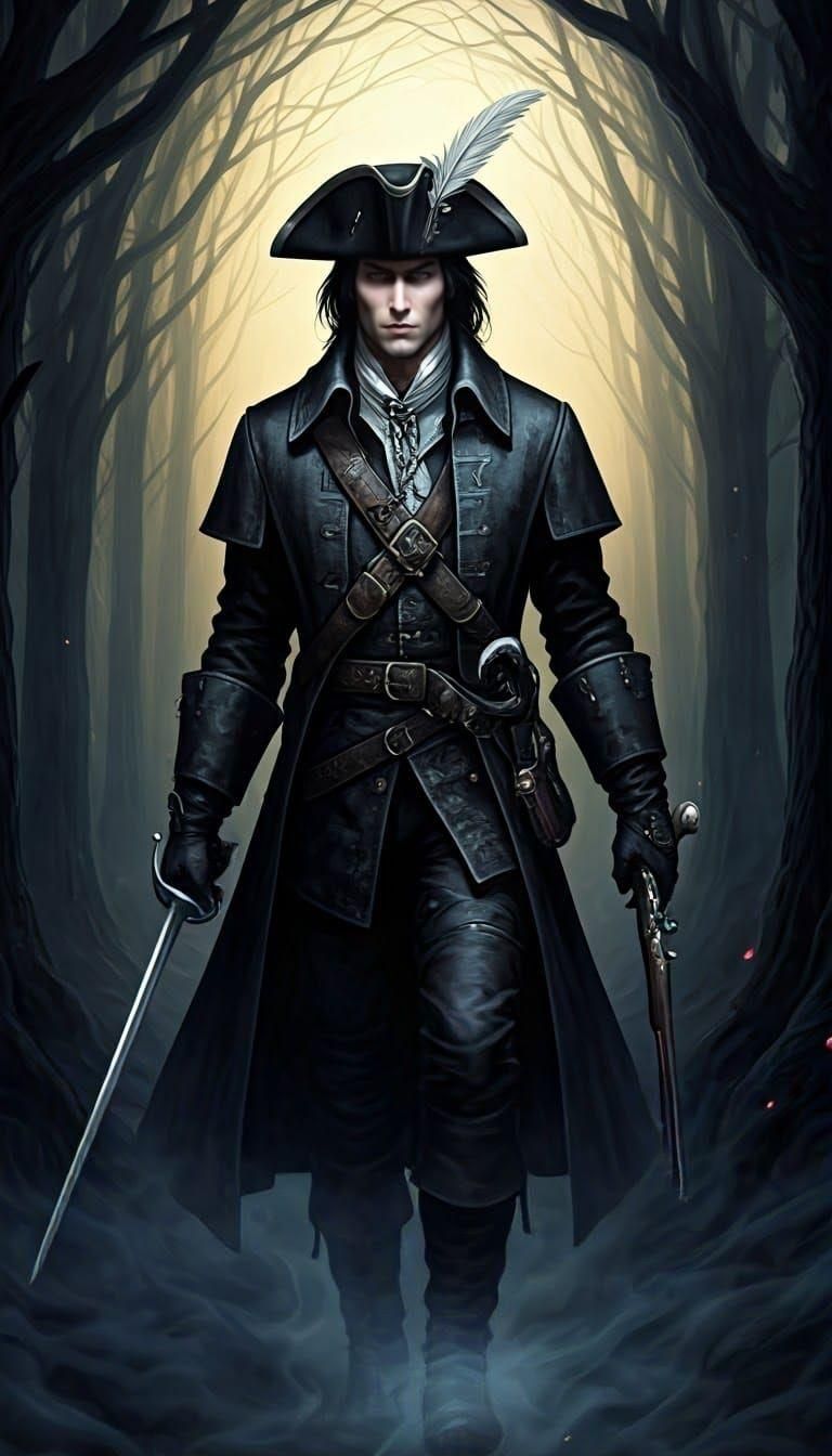 Rogue Detective in Creepy Forest, Dark Fantasy Art