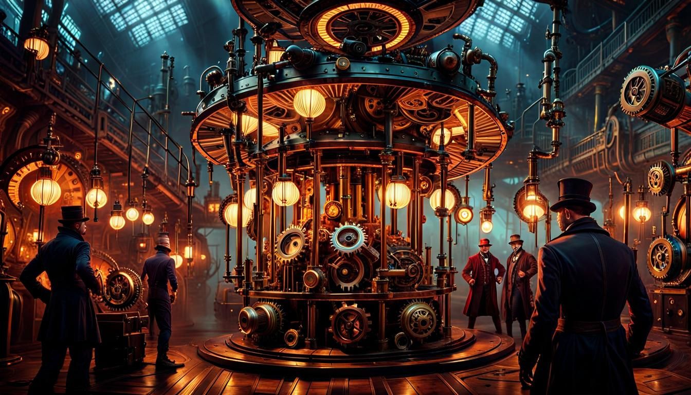 Steampunk Creatures Gather Around Clockwork Machine