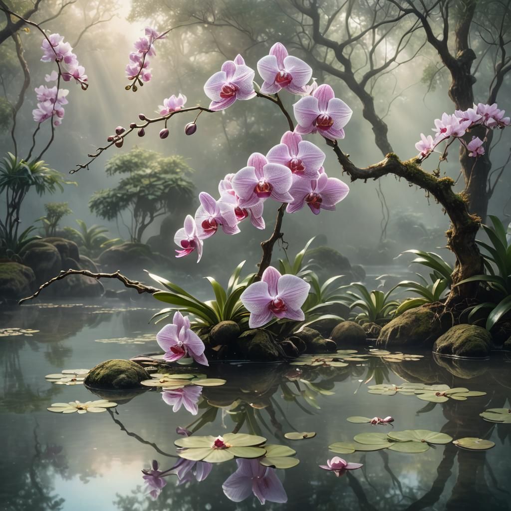 Ethereal Orchid Bonsai Reflected in Water