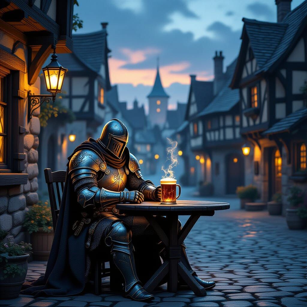 Knight at Rustic Tavern in Dusk Light