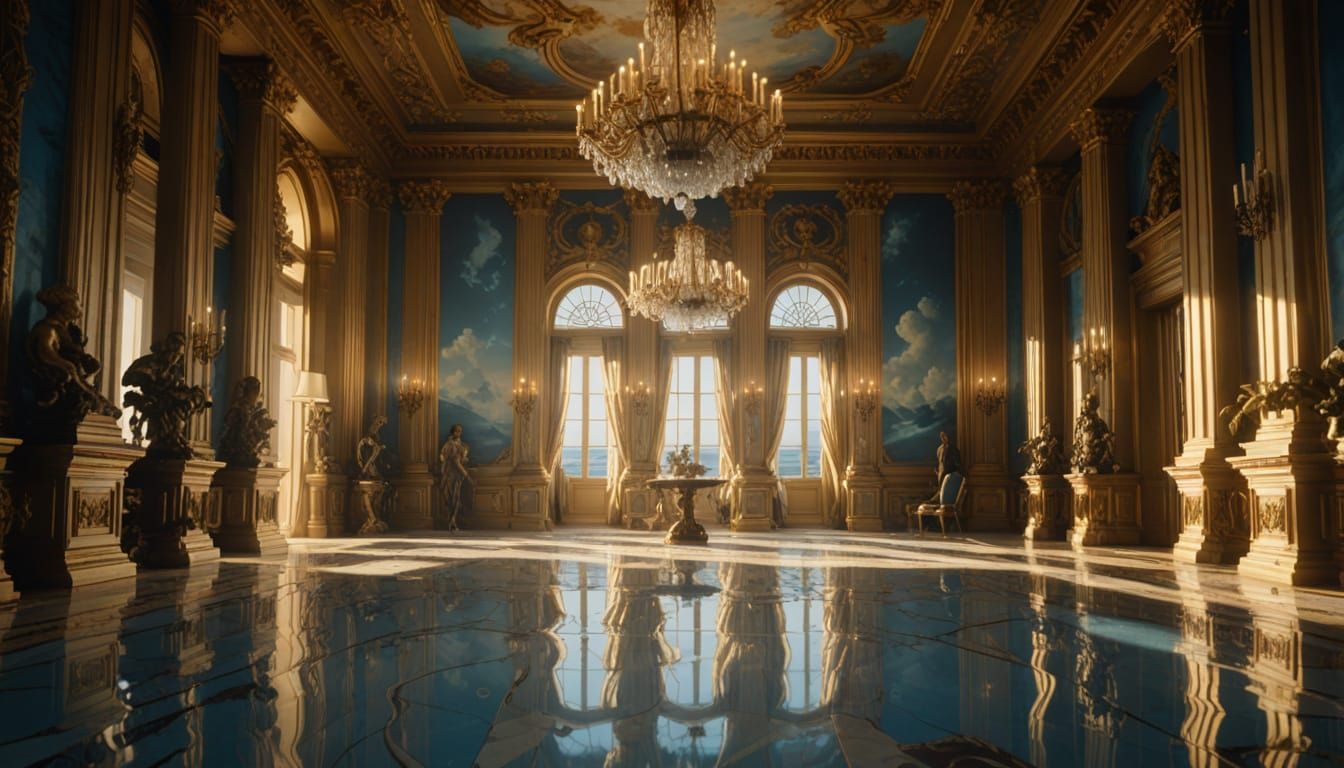 Elegant Palace Hallway Transformed by Ocean Waves in Hyper-R...