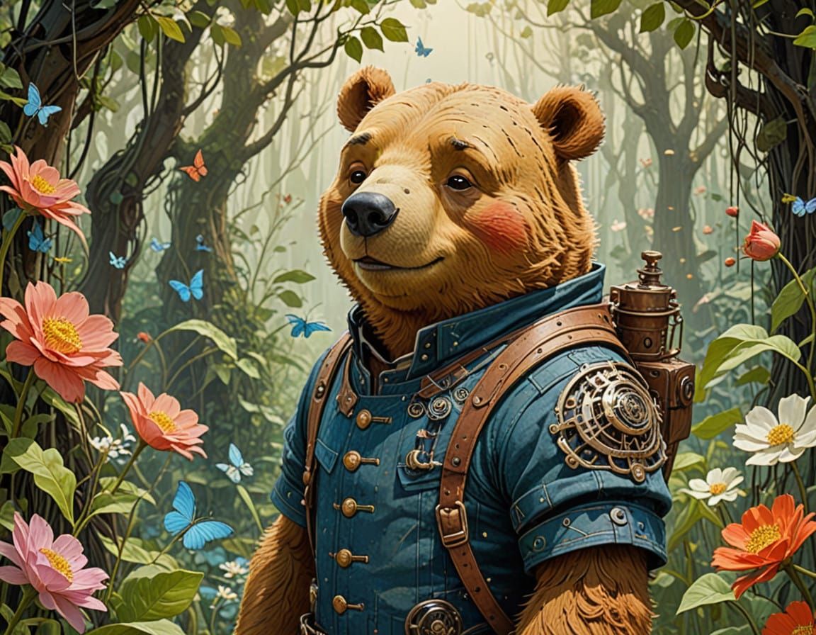 Steampunk Winnie The Pooh in Whimsical Garden
