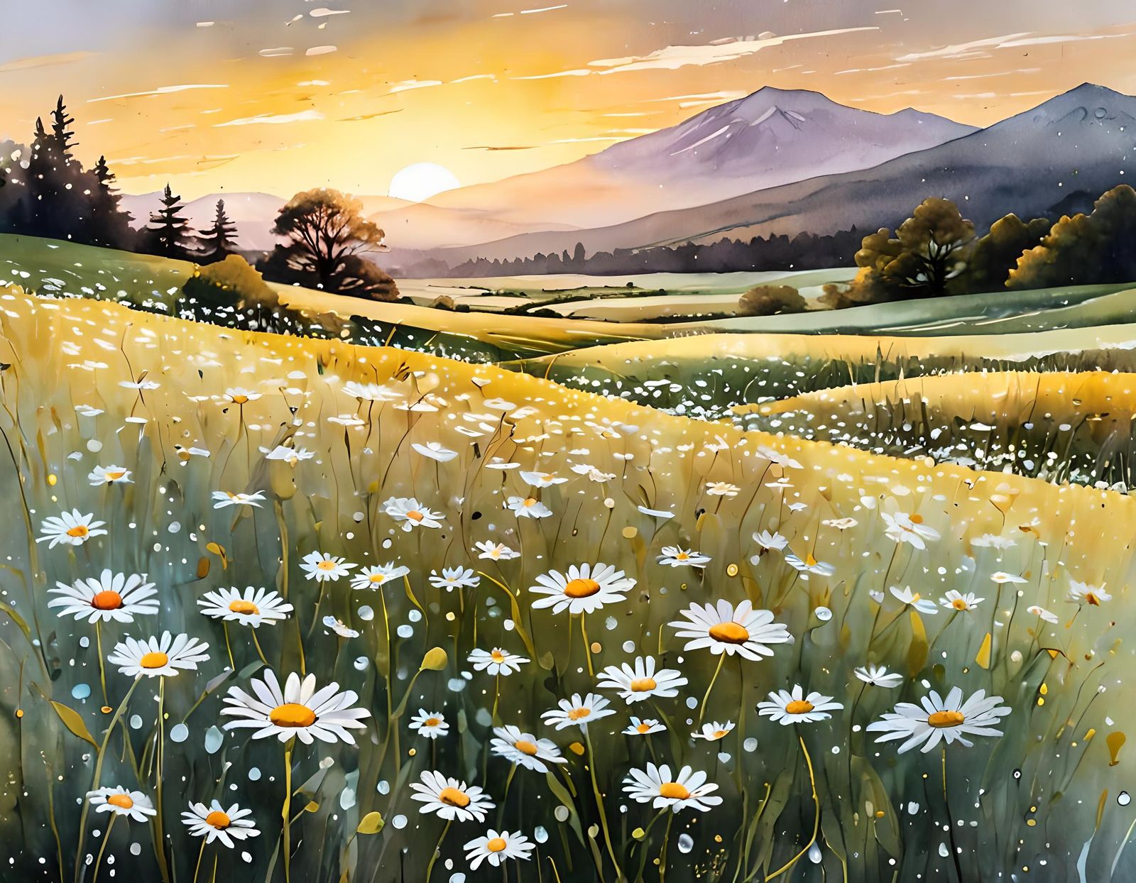 Daisies at Sunset in Watercolor Metallic Ink Style