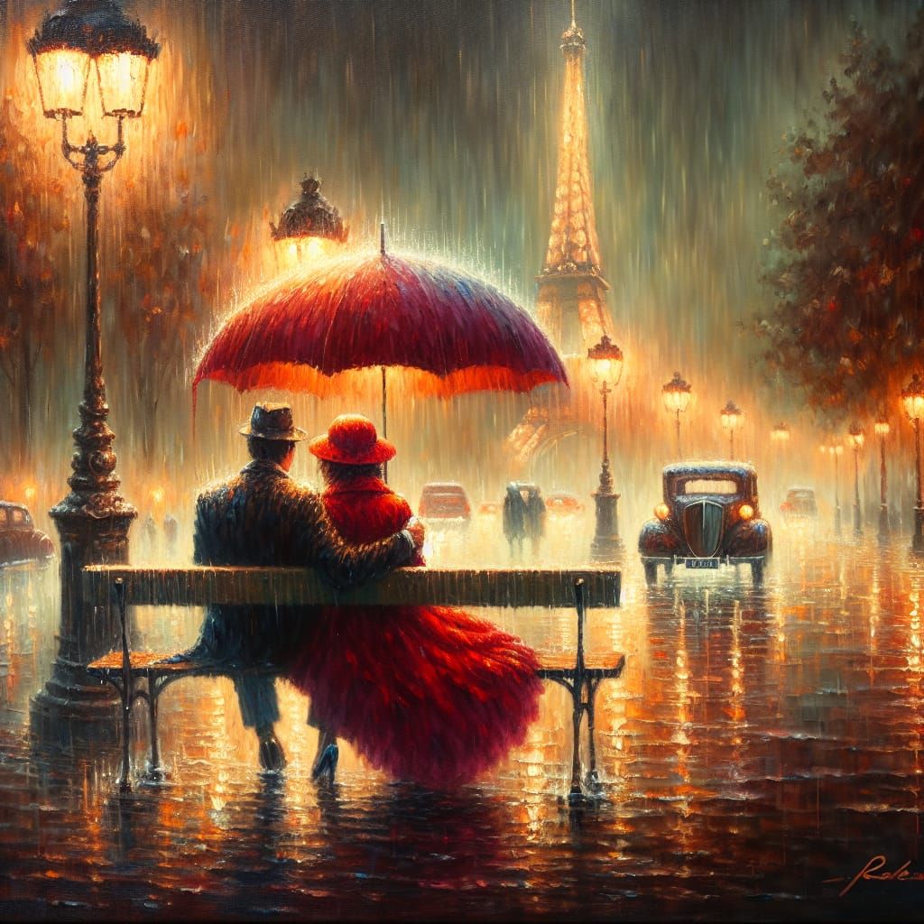 Romantic Paris Scene with Couple in Rain, Oil Painting