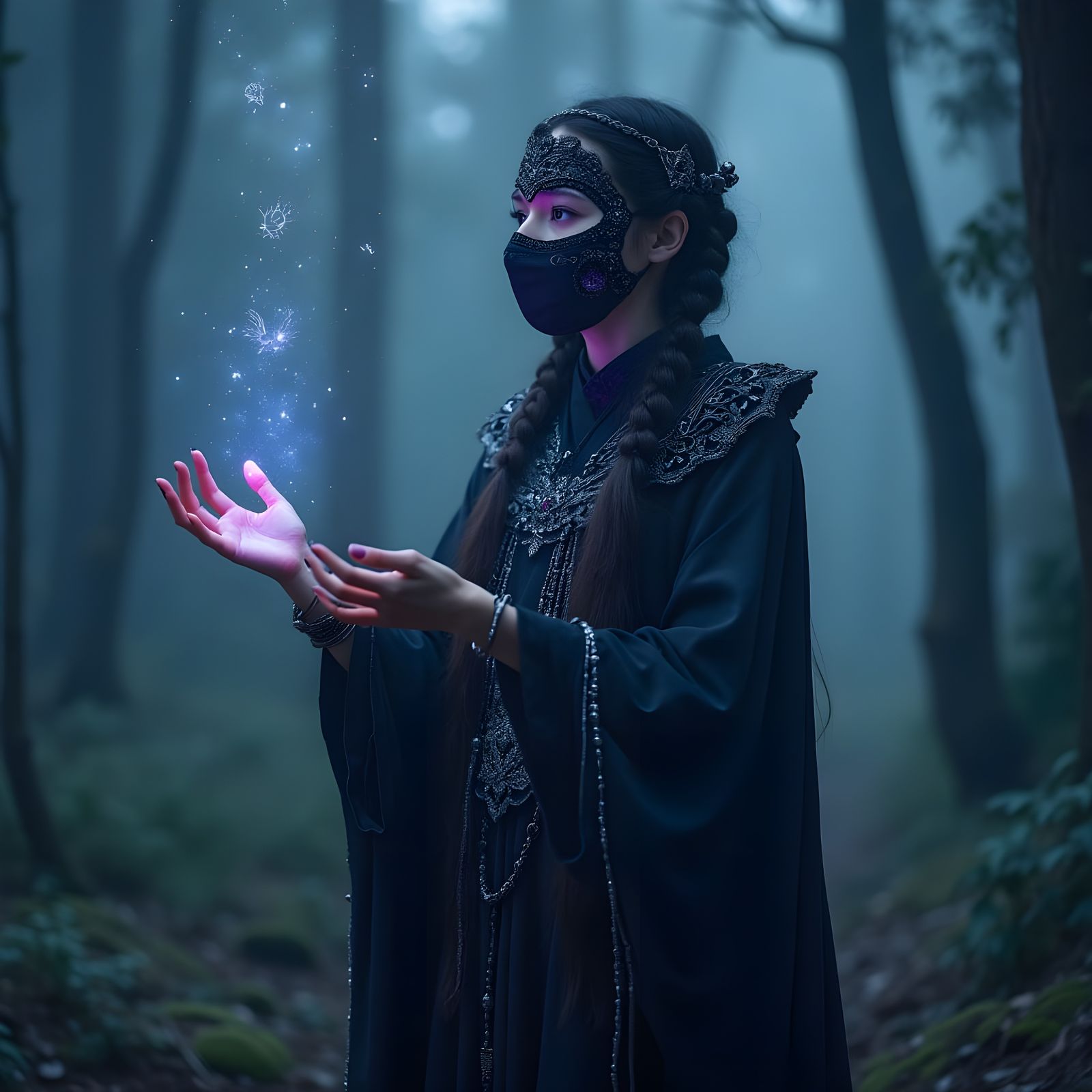 Mystic Woman Summons Runes in Bioluminescent Forest