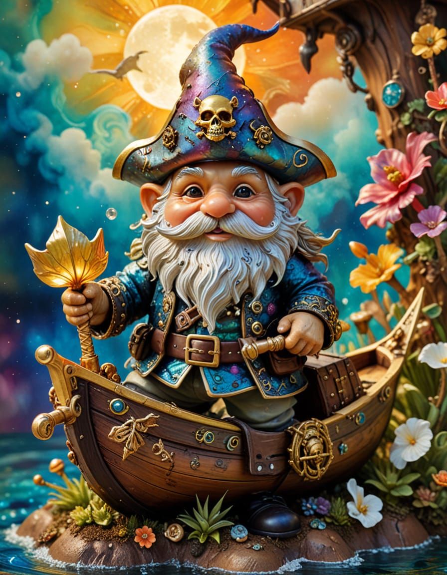 Surreal Kaleidoscope Pirate Gnome on Treasure Ship