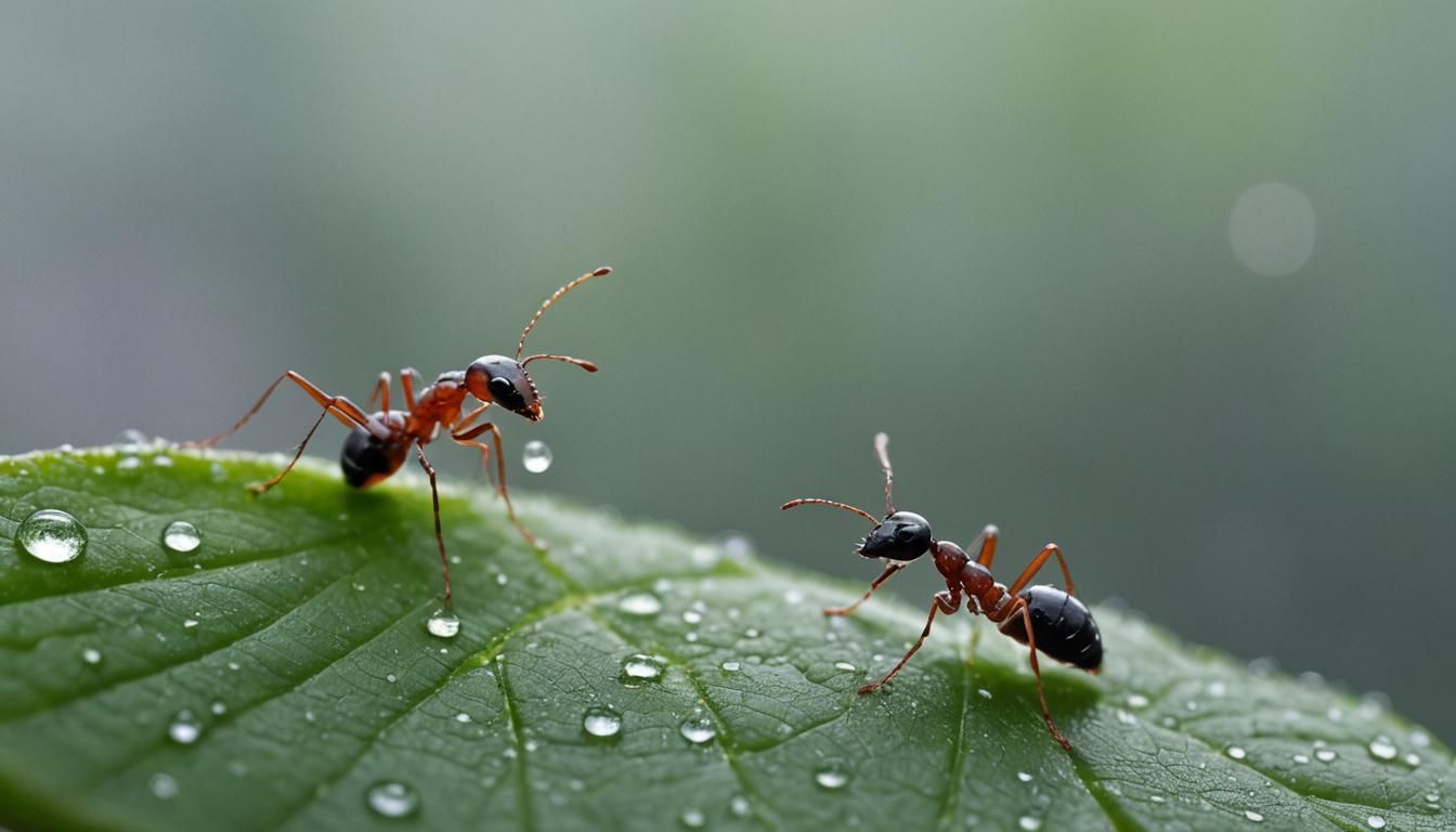 Ant Drinking Dewdrop in Misty Forest