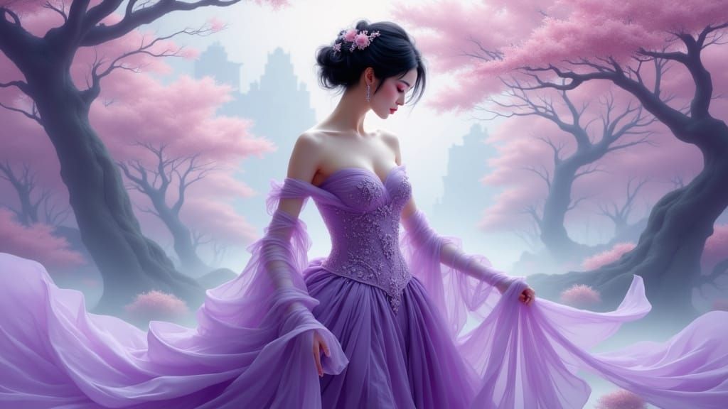 Asian Woman in Lilac Gown: Matte Painting