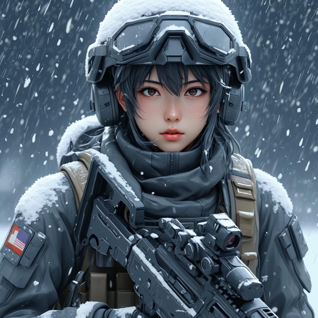 Scifi Soldier Anime Girl in a snow storm...