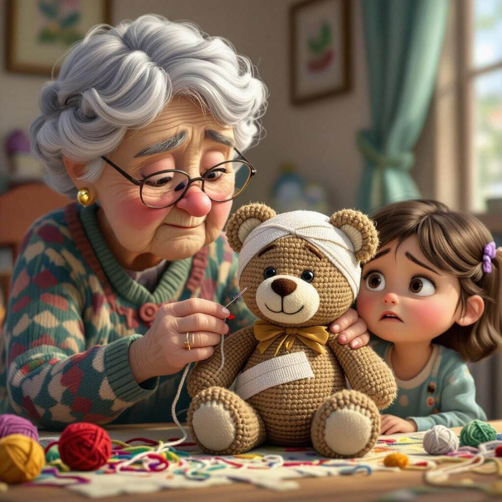 Grandmother Mends Teddy Bear in Pixar Style