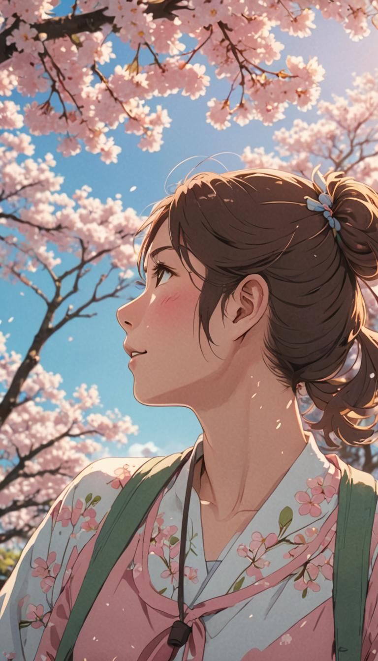 Anime Girl Under Cherry Blossom Tree in Ghibli Style