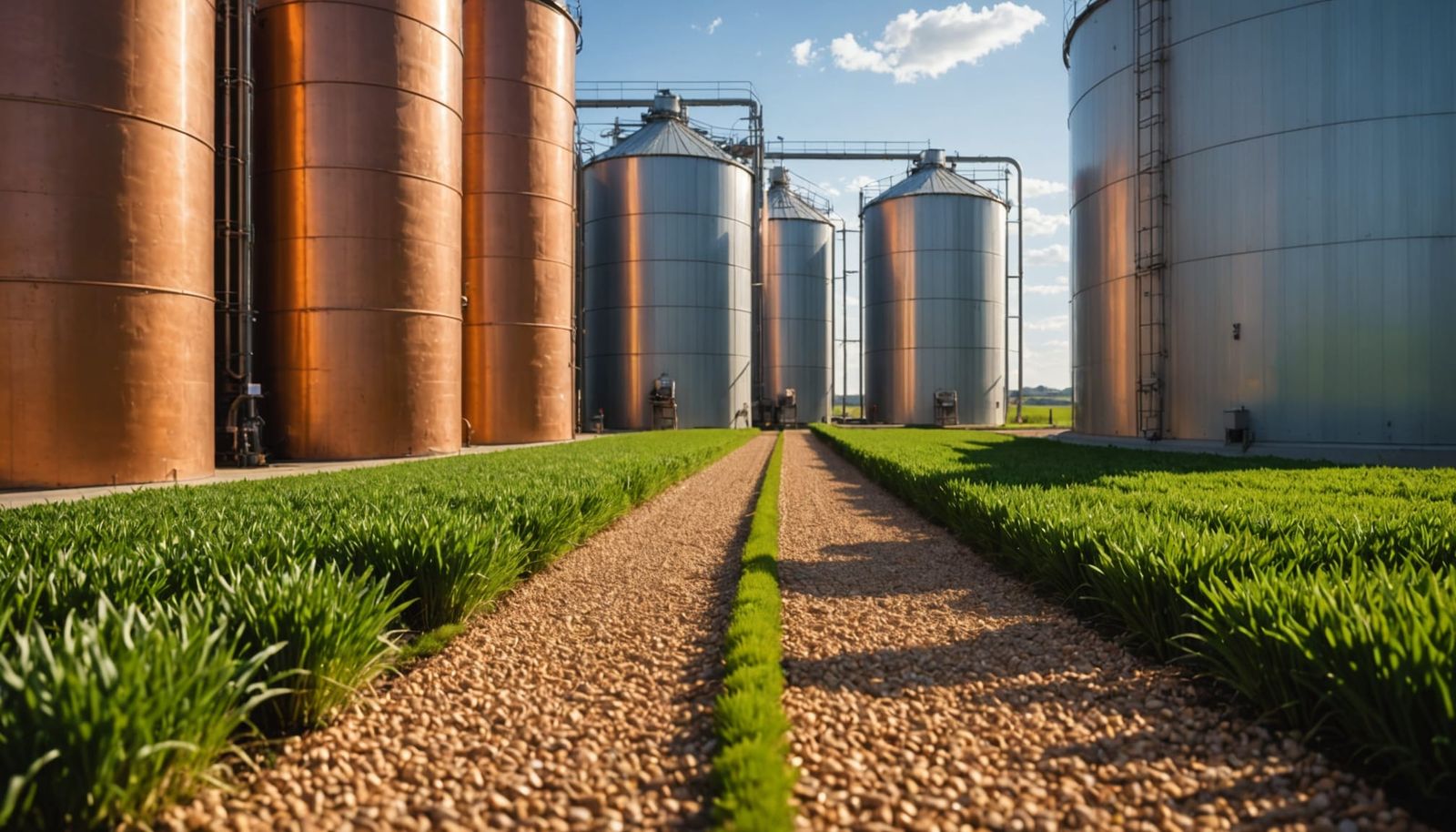 Futuristic Farm with Copper Silos and Synth-Crops