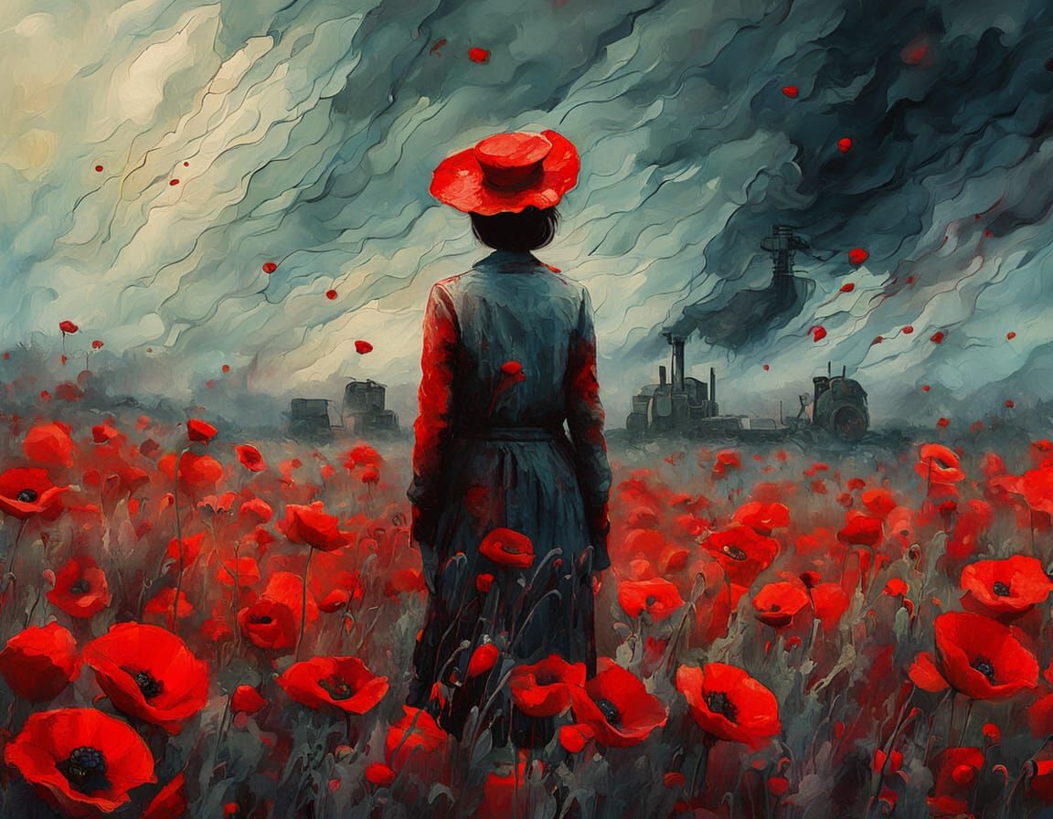 Woman in Poppy Field: Industrial Surrealism in Impasto