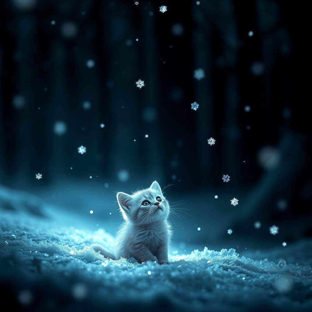 Magical Kitten in Ethereal Snowy Forest