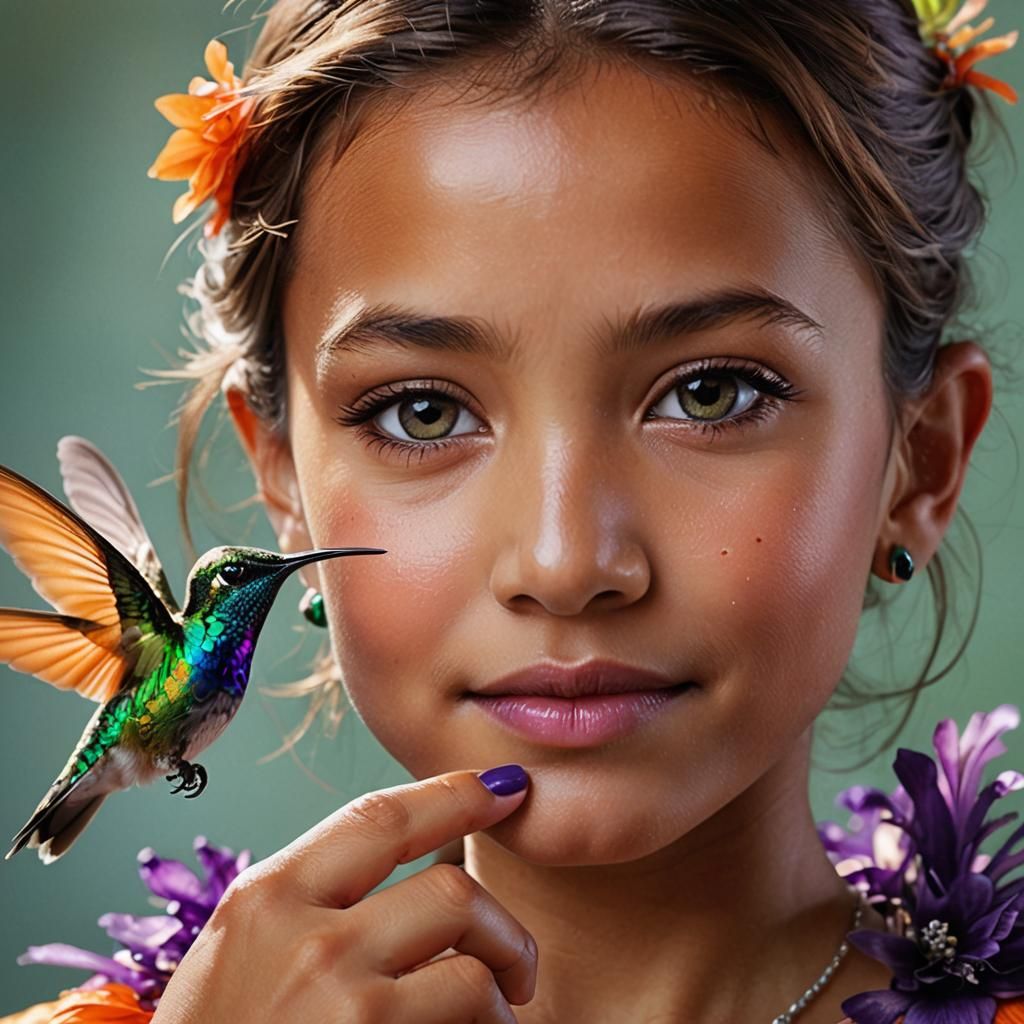 Hummingbird Lands on Girl's Finger, Macro Portrait