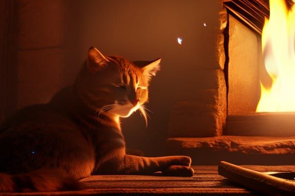 Cozy Cat Nap by Fireplace: Fantasy Concept Art