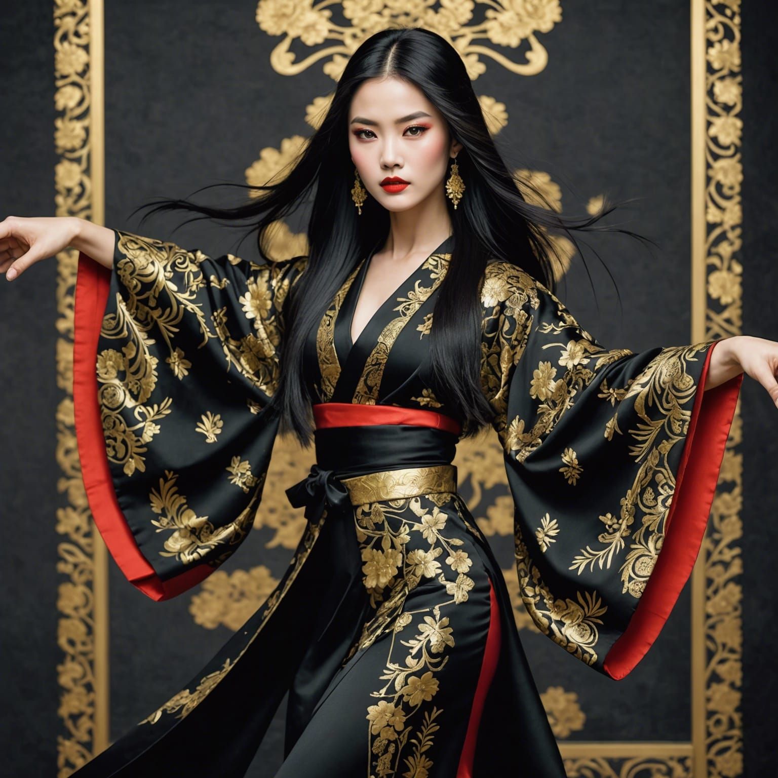 Stunning Dancer in Black Kimono with Golden Patterns