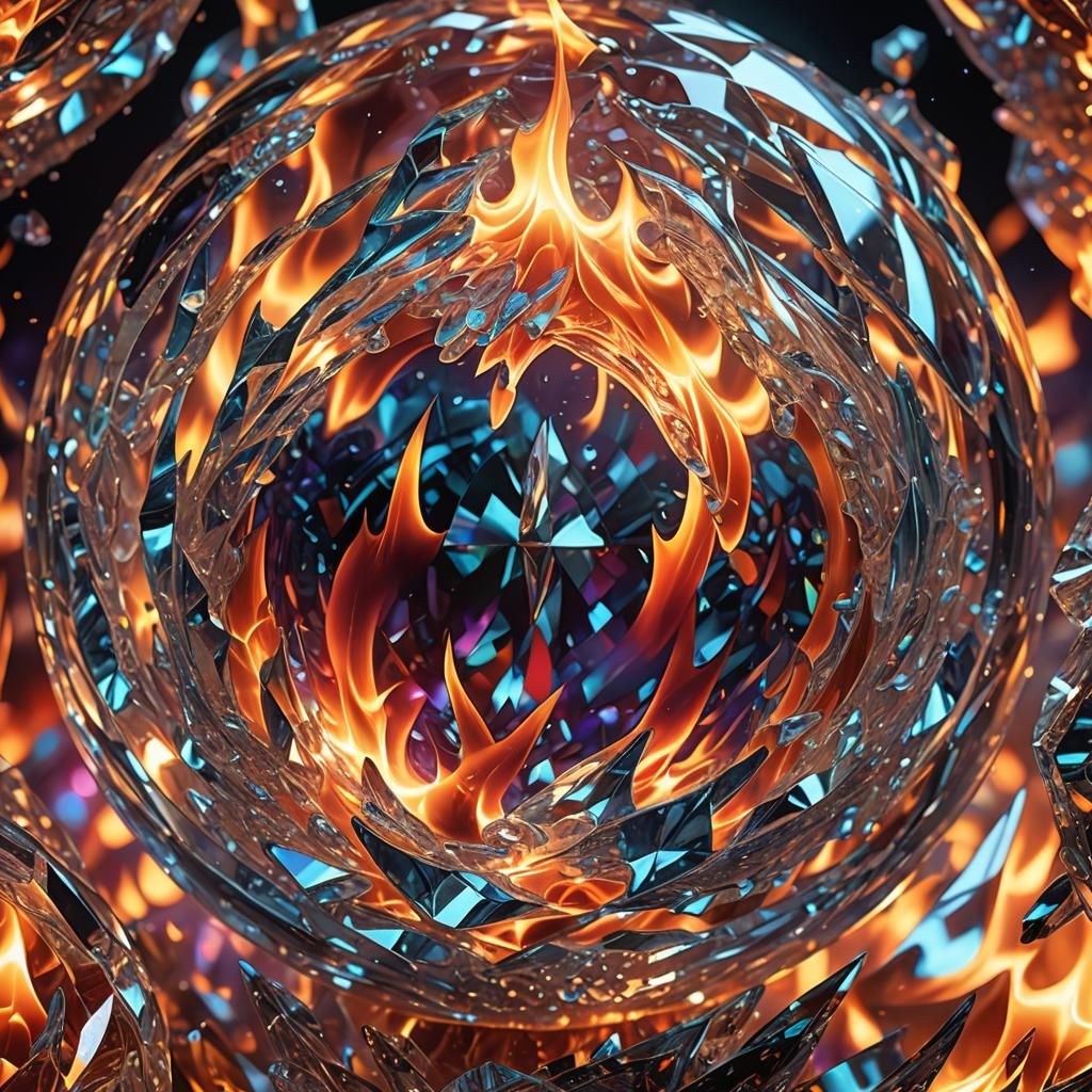 Crystal Sphere Engulfed in Flames: Digital Art