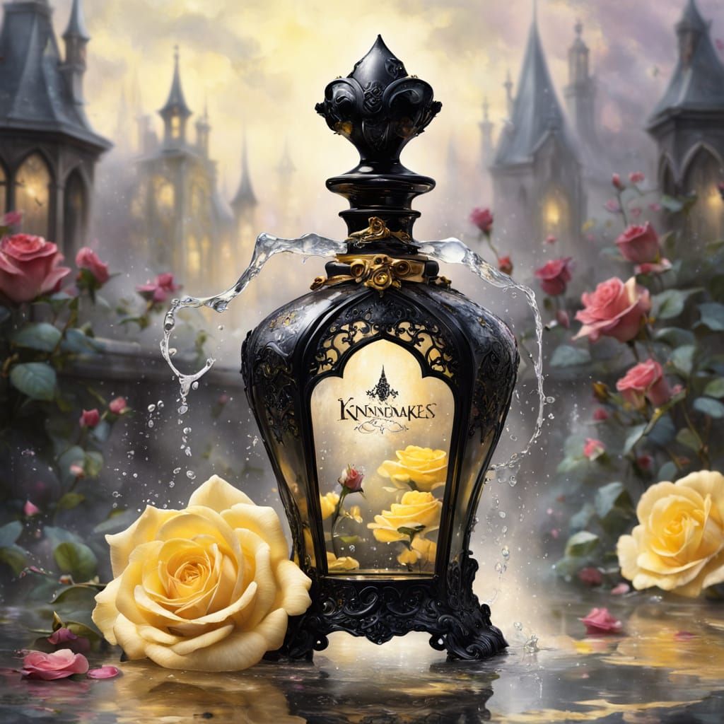 Gothic Perfume Bottle with Yellow Roses and Mist