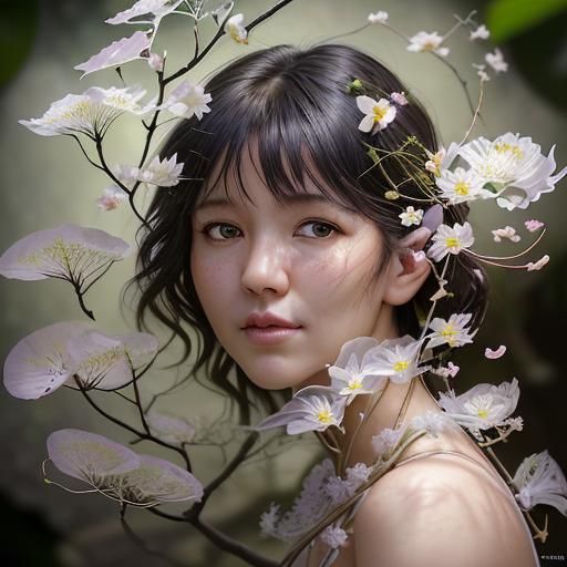 Japanese Garden with Woman and Plum Blossoms