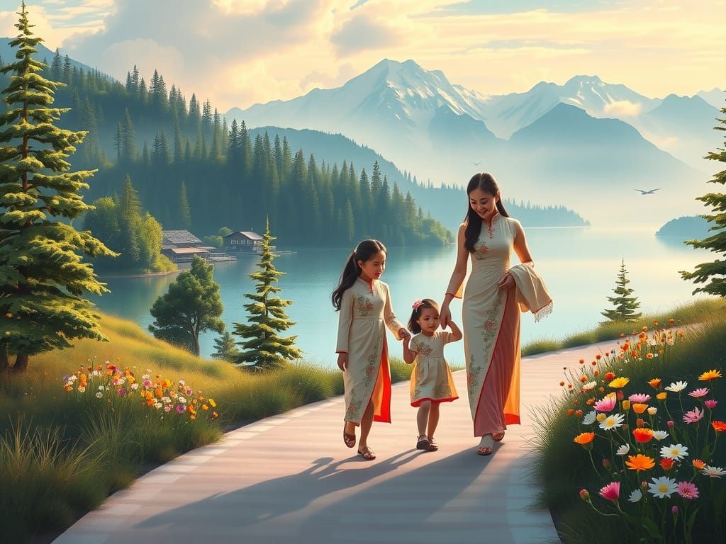 Mother and Daughters in Vietnamese Ao Dai