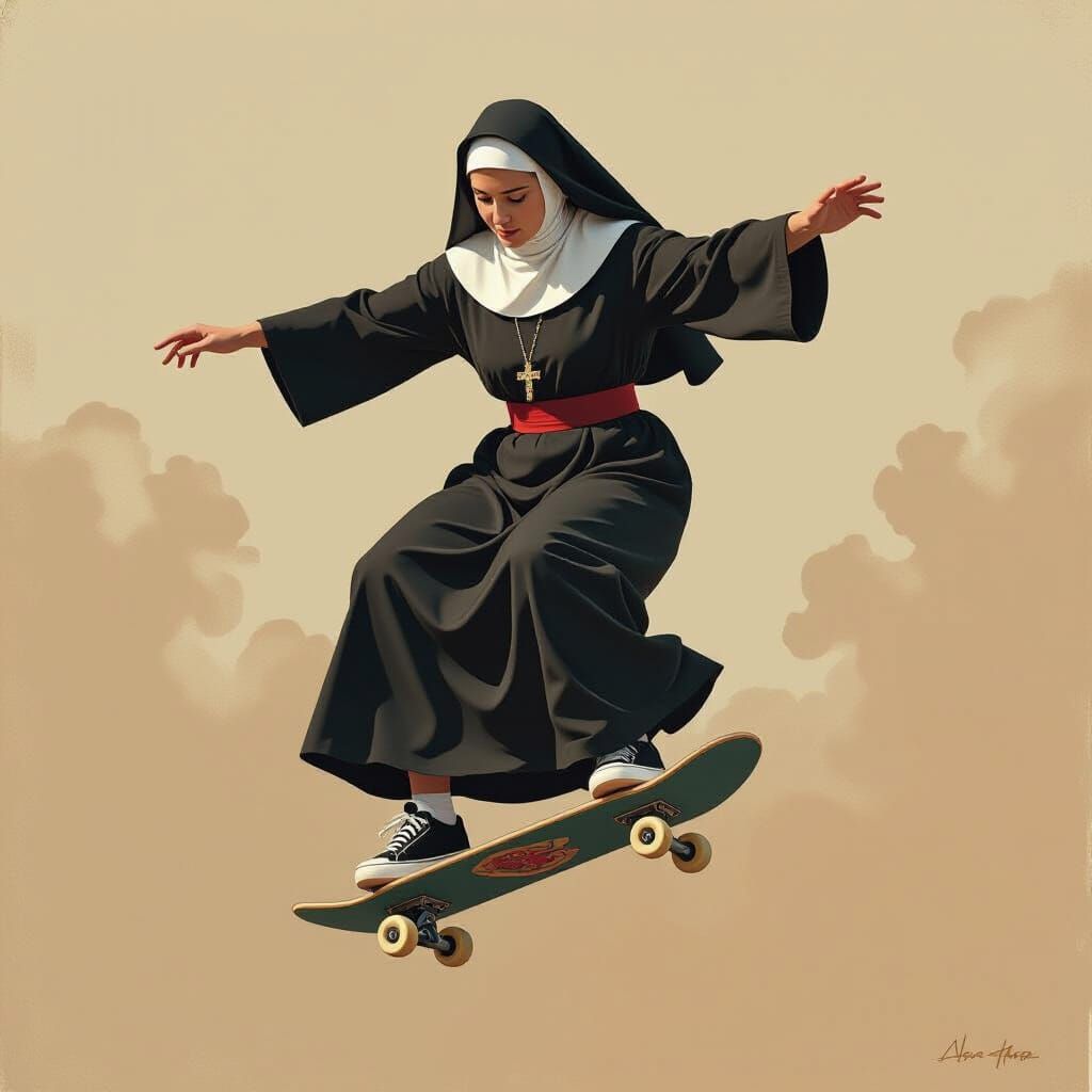 Nun Skateboarder in Mid-Air, Classical Realism Style