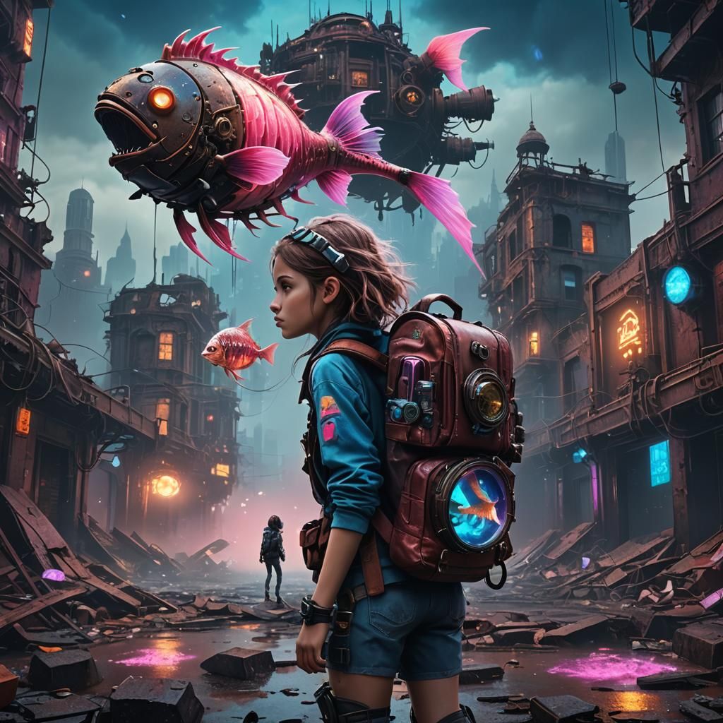 Cyberpunk Child Wandering a Ruined City
