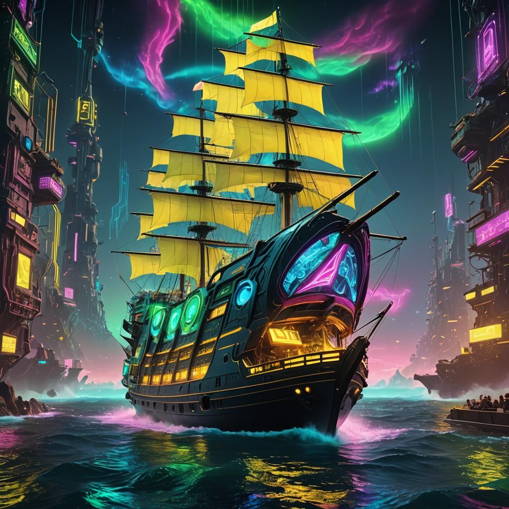 Cybernetic Ship Sails Neon Ocean: Detailed Matte Painting