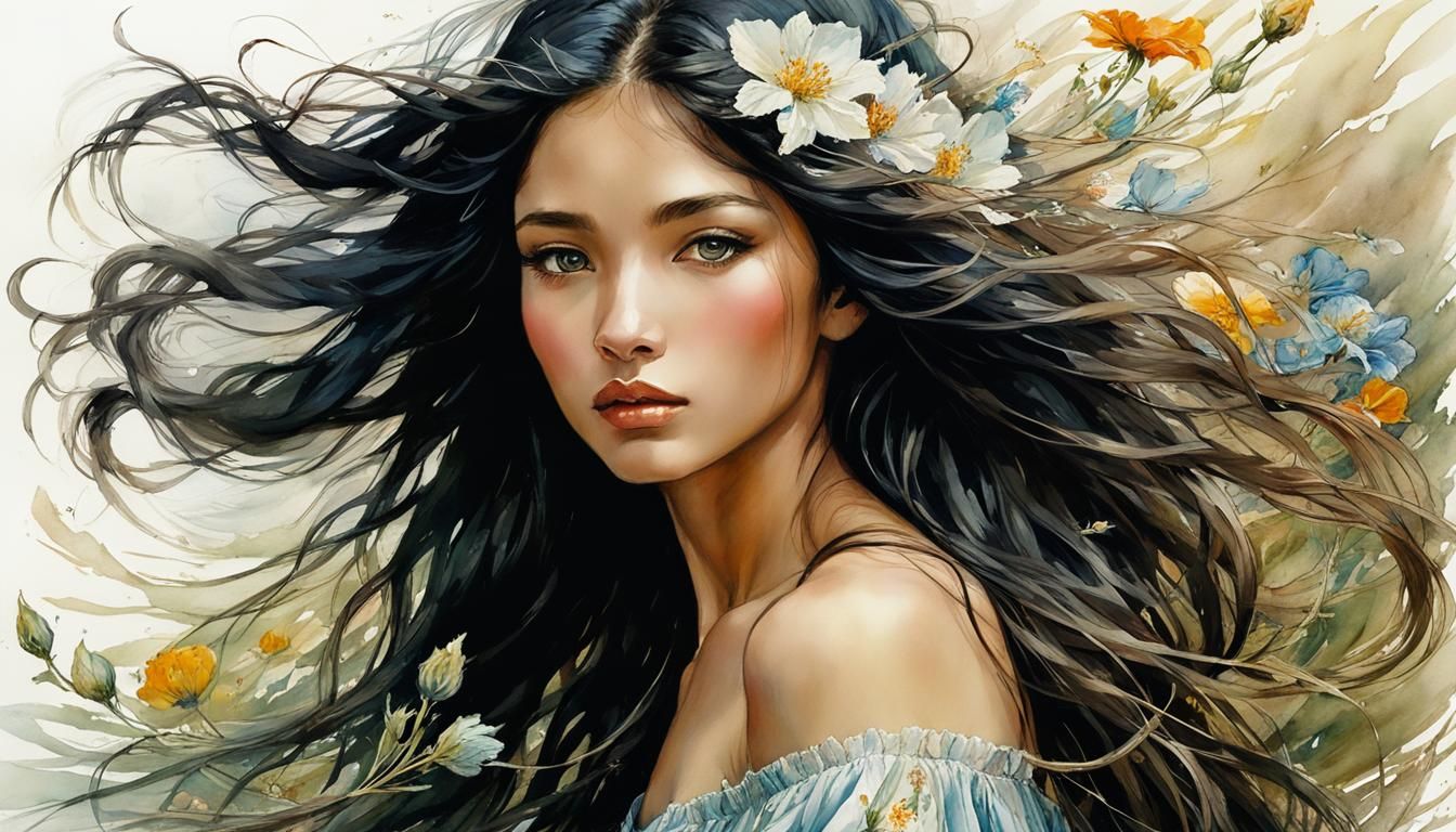 Beautiful Slovak Woman with Flowers in Anime Style