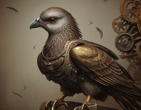 Steampunk Pigeon Mech in Grunge Oil Painting Style
